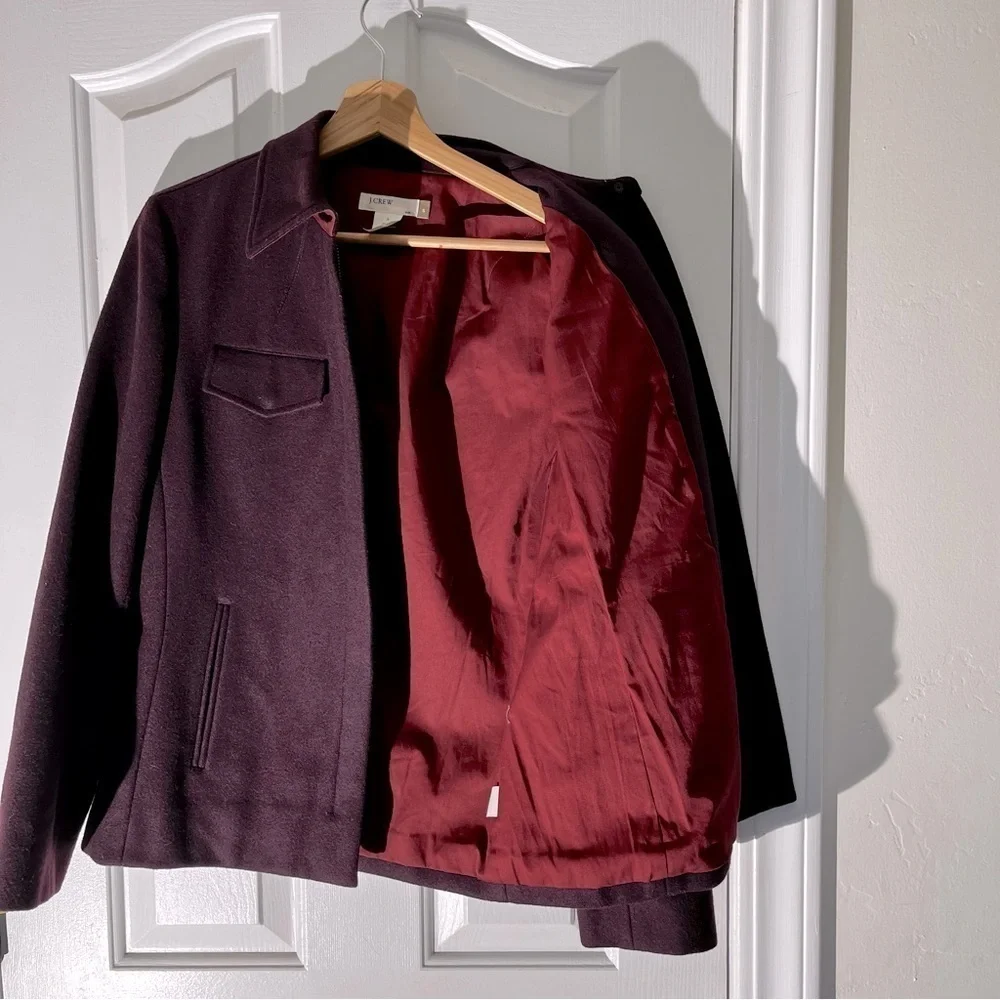 J.Crew | Wool Blend Zip Jacket Small‎ Burgundy Point Collar Utility Pockets